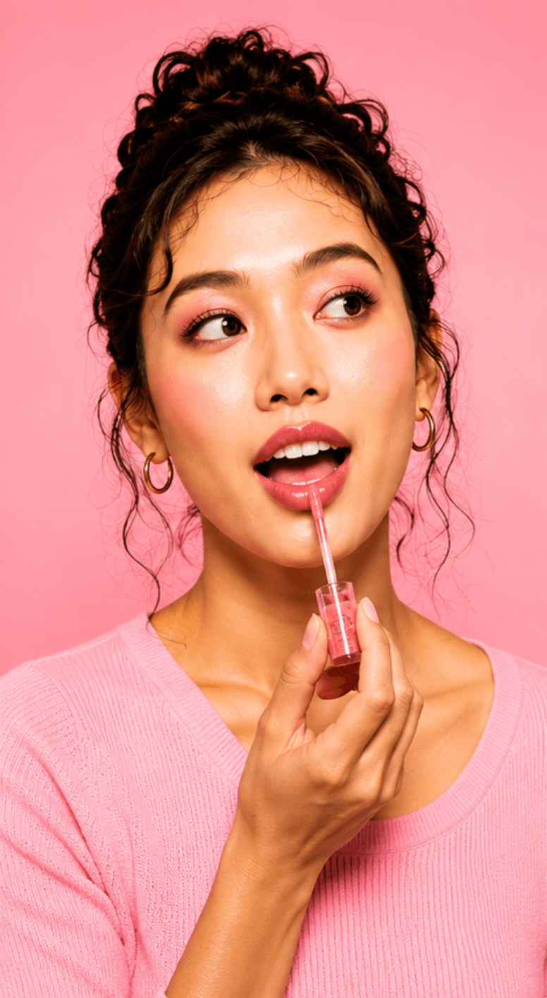 Model applying lip gloss